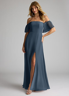 Azazie Sue Abiti da Damigella Abito Convertibile A-Line in Chiffon a Spalla Scoperta Blu Nettuno image3
