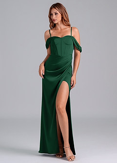Azazie Asha Bridesmaid Dresses Dark Green Sheath Off the Shoulder Stretch Satin Convertible Dress image6