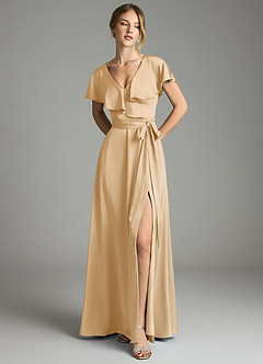 Azazie Lainey Bridesmaid Dresses Gold A-Line with Pockets Stretch Satin Dress image3