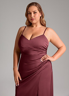 Azazie Azuree Bridesmaid Dresses Merlot A-Line Pleated Stretch Satin Dress image14