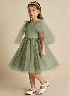 Azazie Duchess Flower Girl Dresses Pistachio A-Line with Sleeves Tulle Dress image1