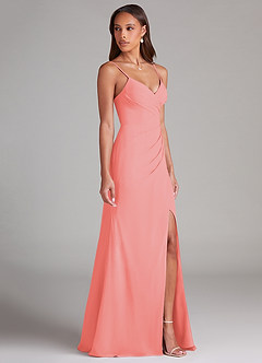 Azazie Maci Bridesmaid Dresses Coral Sheath Pleated Chiffon Dress image4