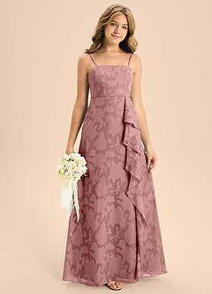 Azazie Kaylee Junior Dusty Rose A-Line with Belt Floral Burnout Dress image4