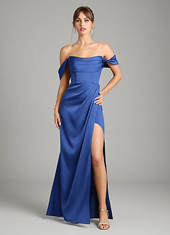 Azazie Johana Bridesmaid Dresses Royal Blue Mermaid Off the Shoulder Stretch Satin Convertible Dress image1