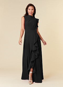 Azazie Narine Mother of the Bride Dresses Black A-Line High Neckline Pleated Chiffon Dress image3
