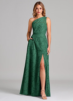 Azazie Phaedra Bridesmaid Dresses Dark Green A-Line One Shoulder Floral Burnout Dress image1