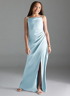 Azazie Leonis Junior Robe Trapèze en Satin extensible Plissée Bleu Ciel image1