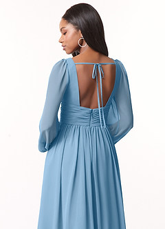 Azazie Norah Vestidos de damas de honor Vestido de Azul Acero de Gasa de Corte en A con Manga larga con cuello en V image3