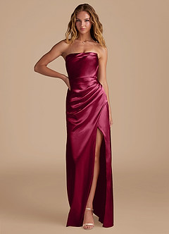 Azazie Leonis Vestidos de damas de honor Vestido de Borgoña de Satén Metálico de Corte Sirena Convertible con Plisado image1