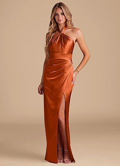 Azazie Zaya Robes de demoiselle d'honneur Robe Fourreau en Satiné métallisé Plissée Orange Brûlée image1