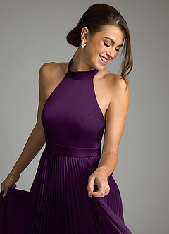 Azazie Zienna 신부 들러리 드레스 A라인 주름진 스트레치 새틴 바닥 길이 드레스 image6