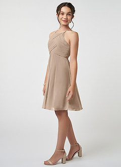 Azazie Ginny Junior Taupe A-Line Pleated Chiffon Dress image3