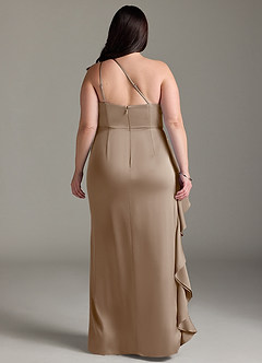 Azazie Latrice Brautjungfernkleider Etui Kaskadierende Rüschen an einer Schulter Stretch-Satin Kleid Taupe image7