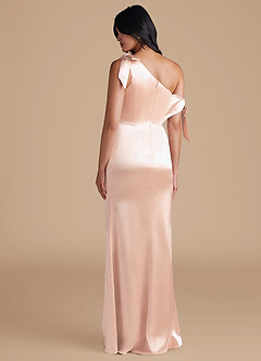 Azazie Xyla Bridesmaid Dresses Rose Gold Sheath Off the Shoulder Metallic Satin Convertible Dress image5