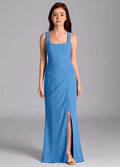 Azazie Mero Junior Vestido de Azul Grisaceo de Gasa de Corte Sirena con Plisado image4