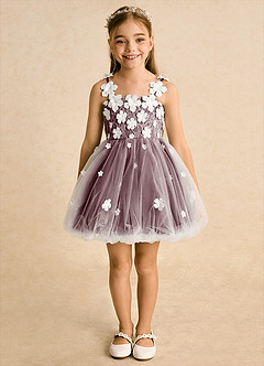 Azazie Teacup Flower Girl Dresses Ivory Cabernet Ball-Gown Lace Tulle Dress image4