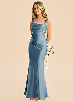 Azazie Lula Junior Dusty Blue Sheath Pleated Stretch Satin Dress image1