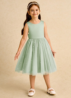 Azazie Bell vestidos de niña de las flores Vestido de Salvia Polvorienta de Tul de Princesa con Lazo image4
