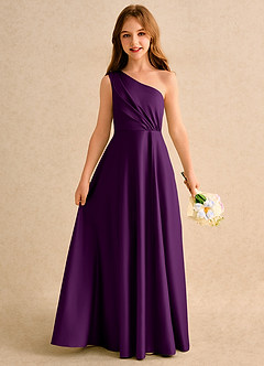 Azazie Puddles Girls Formal Flower Girl Dresses Grape A-Line One Shoulder Matte Satin Dress image1