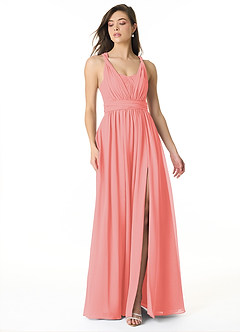 Azazie Olani Bridesmaid Dresses Coral A-Line Off the Shoulder Chiffon Convertible Dress image1