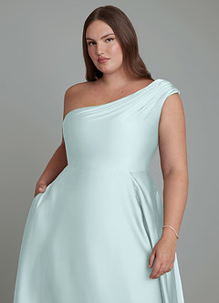Azazie Melanie Bridesmaid Dresses Sea Glass A-Line Off the Shoulder Stretch Satin Dress image12