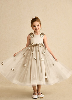 Azazie Atta Flower Girl Dresses Champagne A-Line One Shoulder Tulle Dress image4