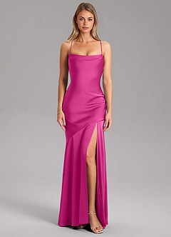 Azazie Grata Vestidos de damas de honor Vestido de Fucsia de Satén Elástico de Corte Recto con Corte Lateral image3