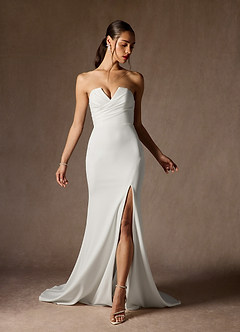 Azazie Mari At-home Try On Dresses Diamond White Mermaid V-Neck Stretch Crepe Dress image2