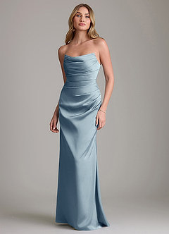Azazie Lucille Vestidos de damas de honor Vestido de Azul Polvoriento de Satén Elástico de Corte Sirena Convertible con Sin tirantes image1