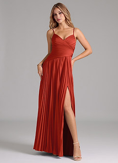 Azazie Vini Bridesmaid Dresses Rust A-Line Pleated Stretch Satin Dress image1