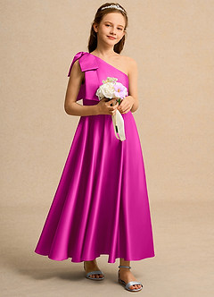 Azazie Guppy Girls Formal Flower Girl Dresses Fuchsia A-Line One Shoulder Matte Satin Dress image1