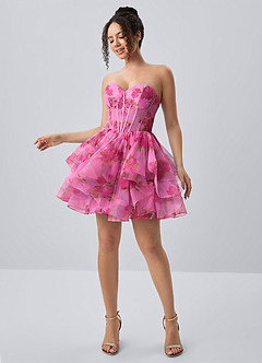 Reliau Rosa Minikleid aus Tüll mit Spitzenprint, Korsett, A-Linie und Schnürung image3