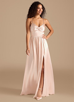 Azazie Zeya Bridesmaid Dresses Rose Gold A-Line Pleated Metallic Satin Dress image1