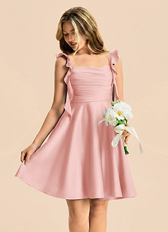 Azazie Kira Junior Powder Pink A-Line Ruched Stretch Satin Dress image4
