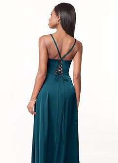 Azazie Maksim Bridesmaid Dresses Ink Blue A-Line V-Neck Stretch Satin Dress image3