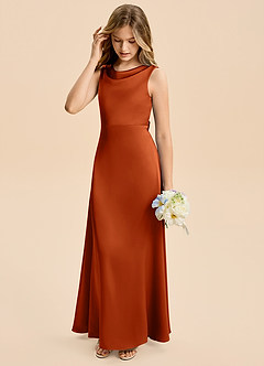Azazie Kiki Junior Robe Trapèze en Satin extensible Arc Orange Brûlée image5