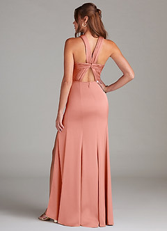 Azazie Rue Bridesmaid Dresses Coral A-Line Pleated Stretch Satin Dress image7