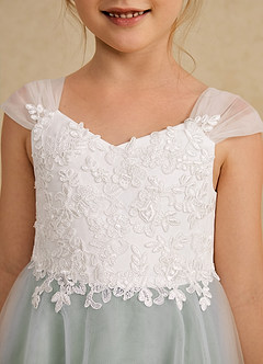 Azazie Momo Flower Girl Dresses Ivory Dusty Sage A-Line Lace Dress image6