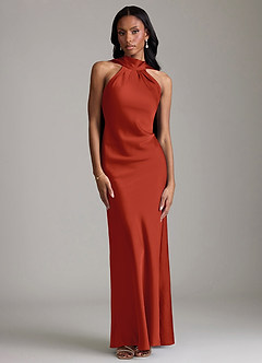 Azazie Cassiana Jurken voor bruidsmeisjes Jurk van Stretch Satijn met Zeemeermin Geplooid Roest image1