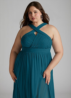 Azazie Hillian Bridesmaid Dresses Ink Blue A-Line Halter Pleated Mesh Dress image13