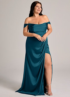 Azazie Johana Bridesmaid Dresses Ink Blue Mermaid Off the Shoulder Stretch Satin Convertible Dress image11