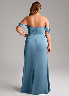 Azazie Saige Jurken voor bruidsmeisjes Jurk van Stretch Satijn met Kolom Off the Shoulder Staal Blauw image12