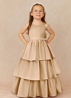 Azazie Margie Flower Girl Dresses Gold A-Line Bow Stretch Satin Dress image2