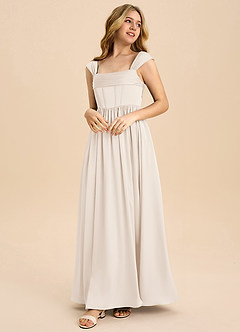 Azazie Hattie Junior White Alabaster A-Line Pleated Stretch Satin Dress image1