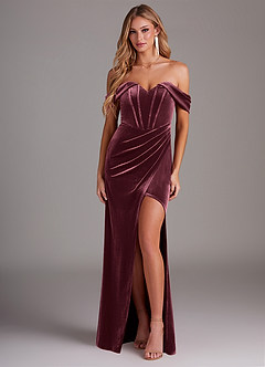 Azazie Jas Bridesmaid Dresses Raspberry Sheath Off-The-Shoulder Corset Velvet Convertible Dress image1