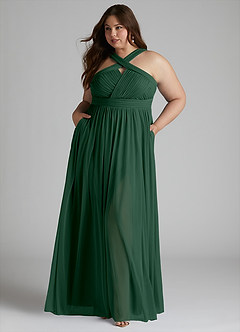 Azazie Hillian Bridesmaid Dresses Dark Green A-Line Halter Pleated Mesh Dress image8