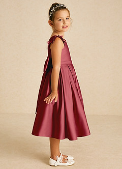 Azazie Francine Blumenmädchenkleider A-Linie Schleifen Matte Satin Kleid Granatapfelrot image3