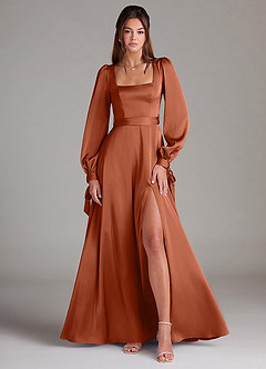 Azazie Leonia Bridesmaid Dresses Cedar Rose A-Line Long Sleeve Stretch Satin Dress image1