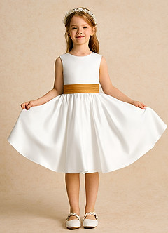 Azazie Sosie Flower Girl Dresses Ivory Butterscotch A-Line Pleated Matte Satin Dress image2