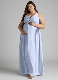 Azazie Yetta Maternity Bridesmaid Dresses A-Line V-Neck Gathered Chiffon Floor-Length Dress image9